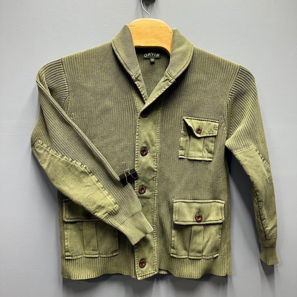 Orvis Mens Olive Green Cotton Waffle Knit Shawl Collar Cardigan Sweater Large